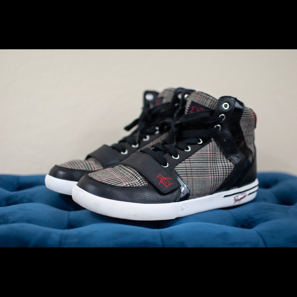 Men’s 9.5 Penguin Blk/Red Plaid High Tops - Picture 1 of 5